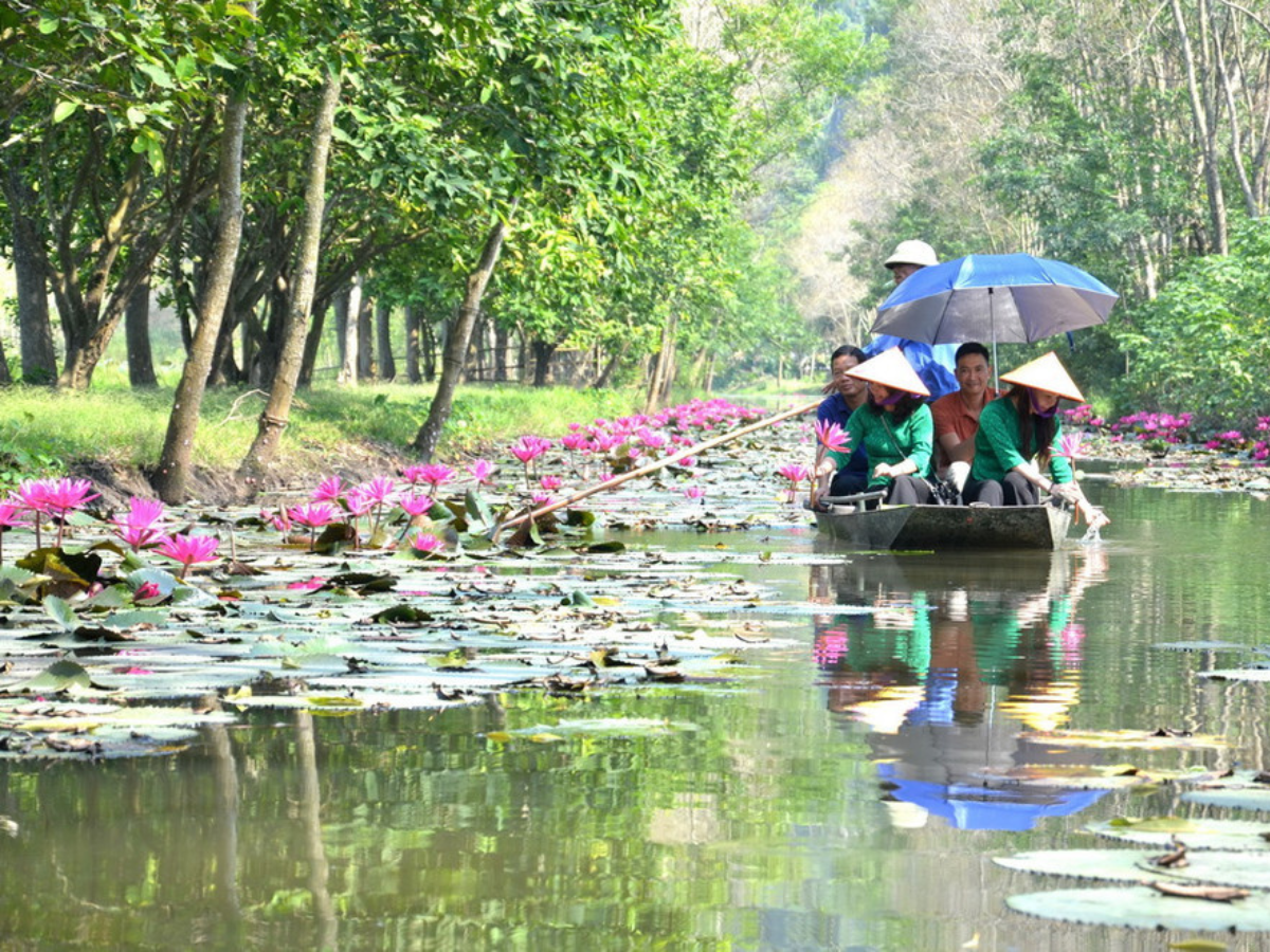 Du khách ngồi thuyền, ngắm cảnh và tận hưởng không khí bình yên tại suối Ấu Vĩnh An.