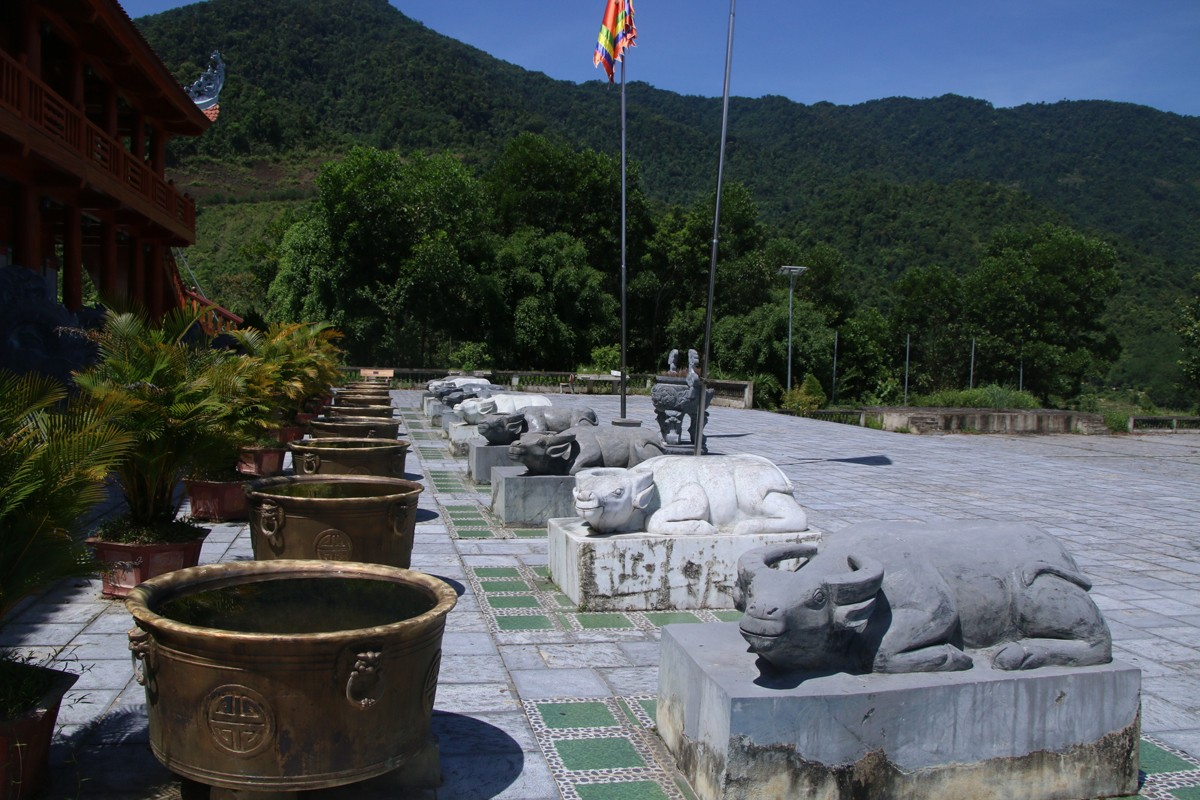 Hình ảnh chín con trâu đá (sáu trâu đen, ba trâu trắng) trước cửa đền