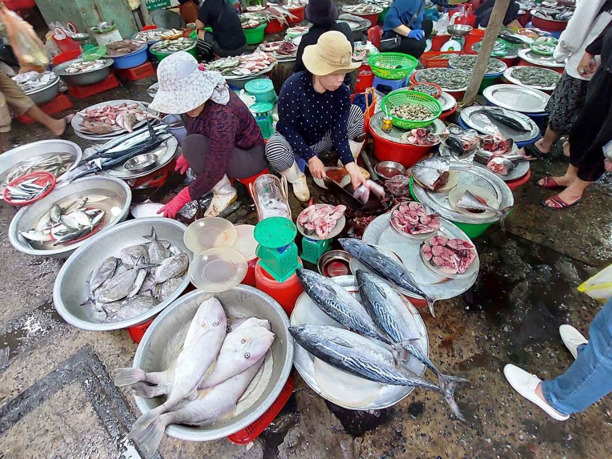 Hải sản tươi sống được phân loại và bày bán tại chợ đầu mối Lạch Hới.