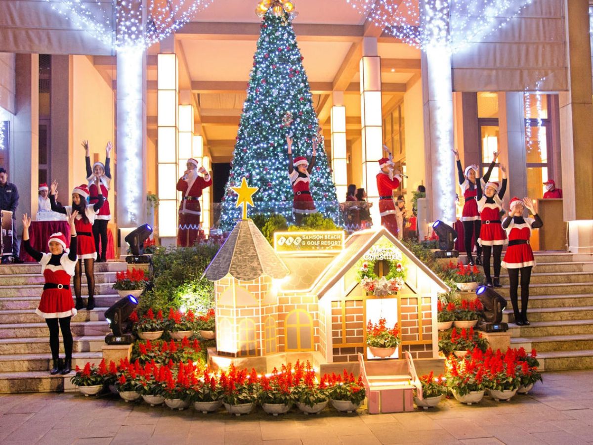 Chọn các không gian trang trí Giáng Sinh với nhiều ánh đèn để chụp ảnh đẹp. 