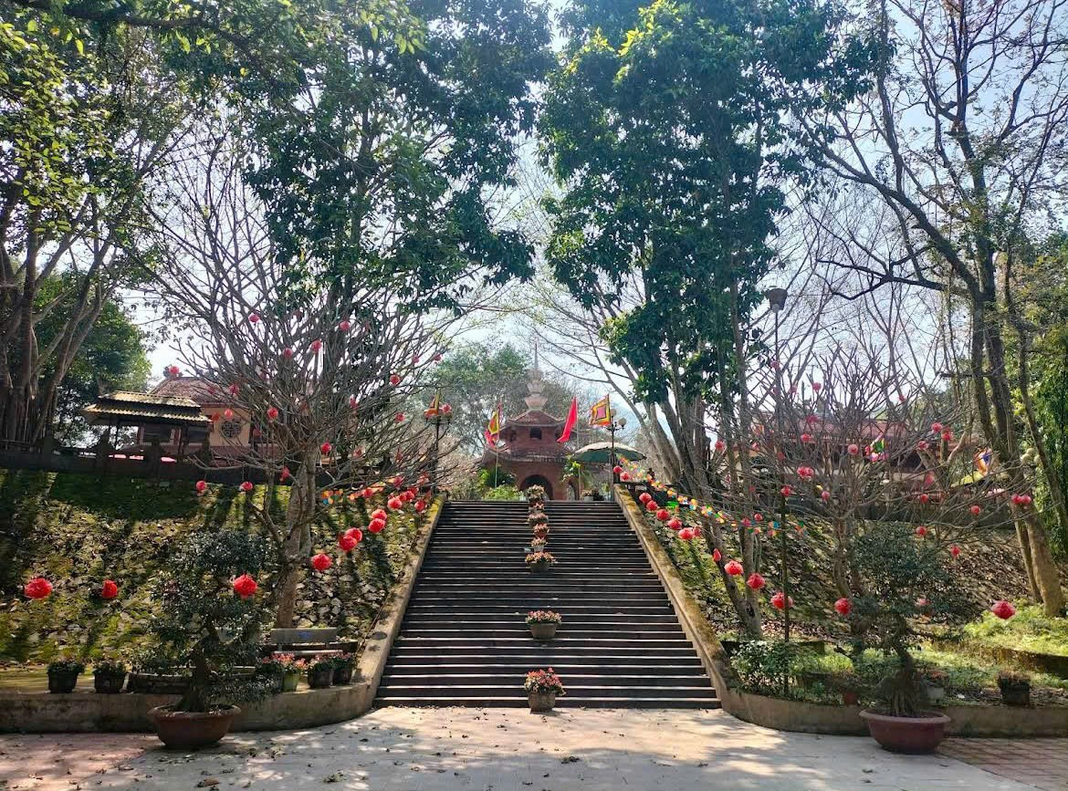 Góc check-in đền Cửa Đặt ngập tràn ánh sáng tự nhiên, bậc đá rợp sắc xuân giữa không gian tâm linh thanh tĩnh.